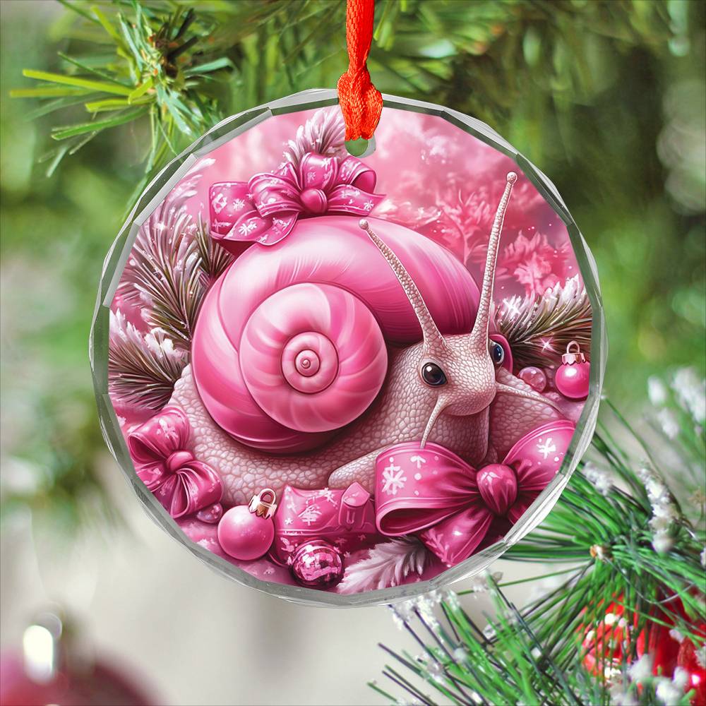 Snail Pink Christmas Design 1 Glass Ornament