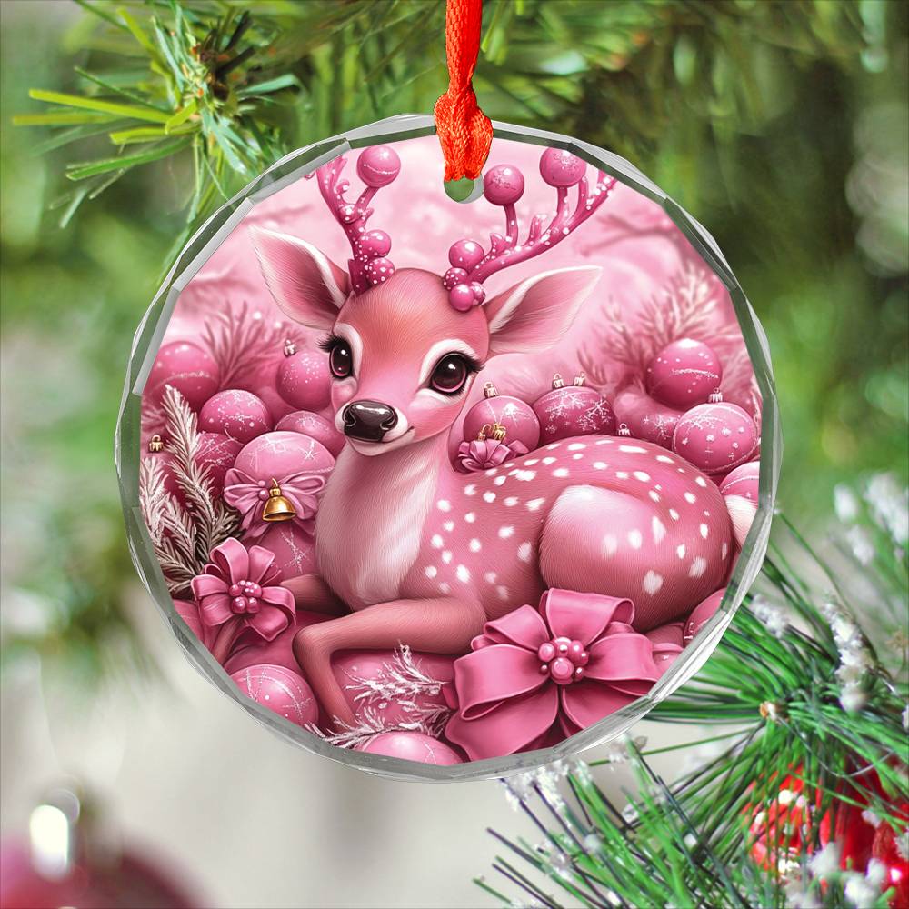 Deer Pink Christmas Design 1 Glass Ornament