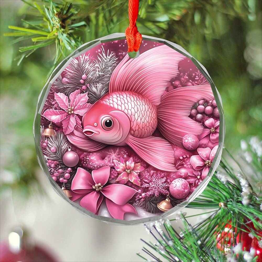 Goldfish Pink Christmas Design 3 Glass Ornament