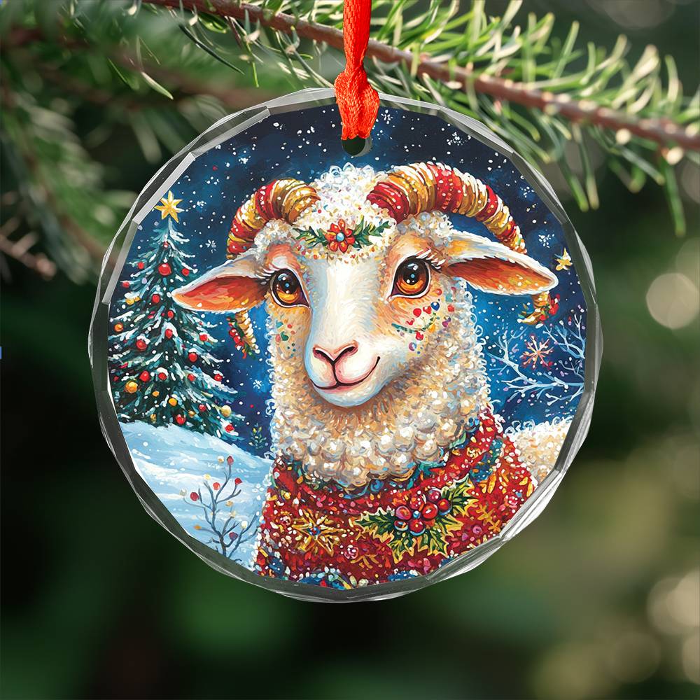 Beautiful Sheep Christmas Night Design 2 Glass Ornament