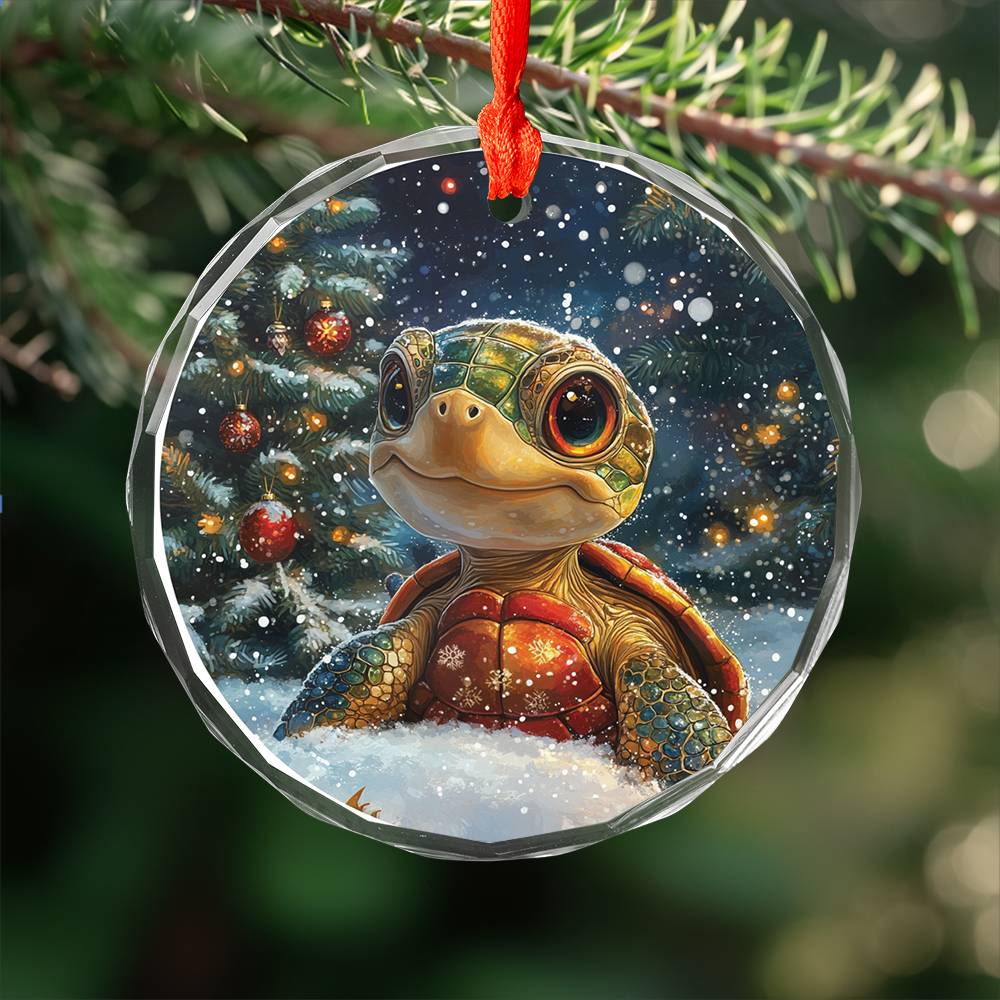 Beautiful Angus Turtle Christmas Night Design 3 Glass Ornament