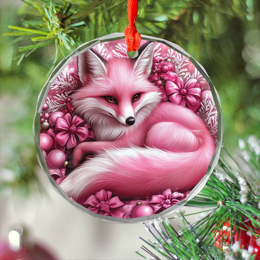 Fox Pink Christmas Design 2 Glass Ornament