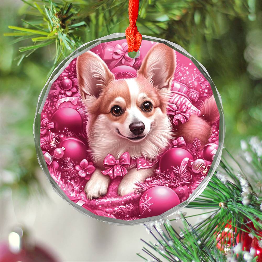 Pembroke Welsh Corgi Dog Pink Christmas Design 1 Glass Ornament
