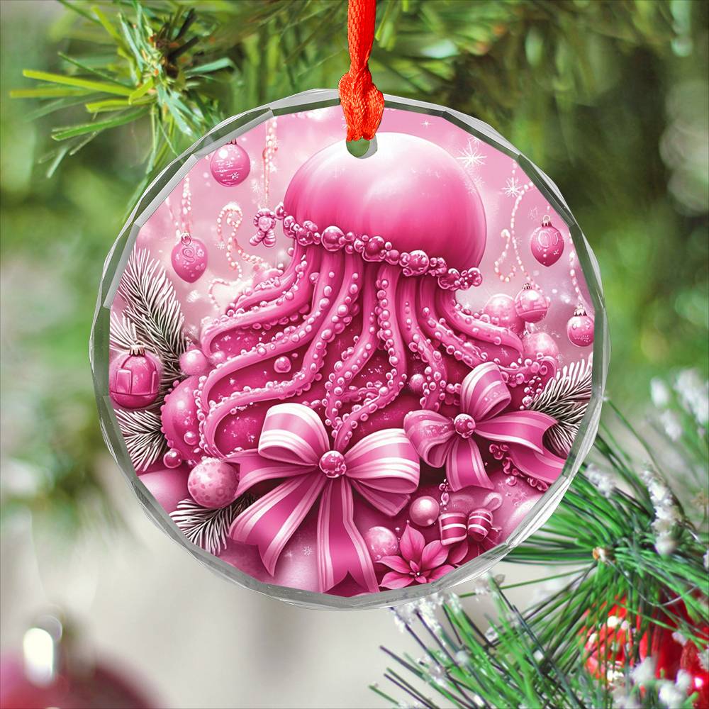 Jellyfish Pink Christmas Design 2 Glass Ornament