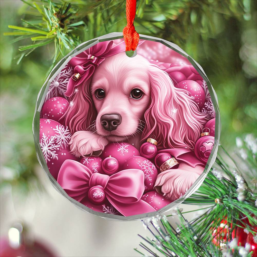 Cocker Spaniel Dog Pink Christmas Design 2 Glass Ornament