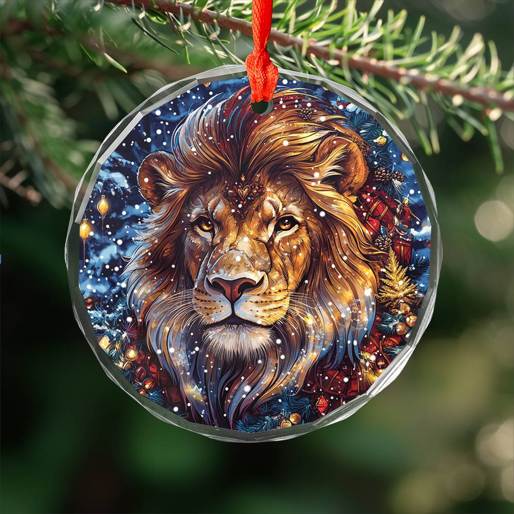 Beautiful Lion Christmas Night Design 3 Glass Ornament