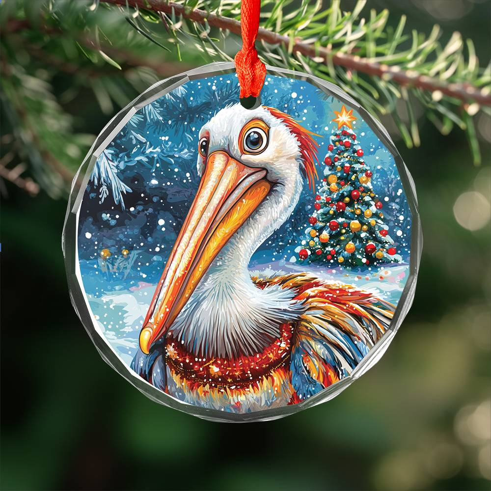 Beautiful Pelican Christmas Night Design 1 Glass Ornament