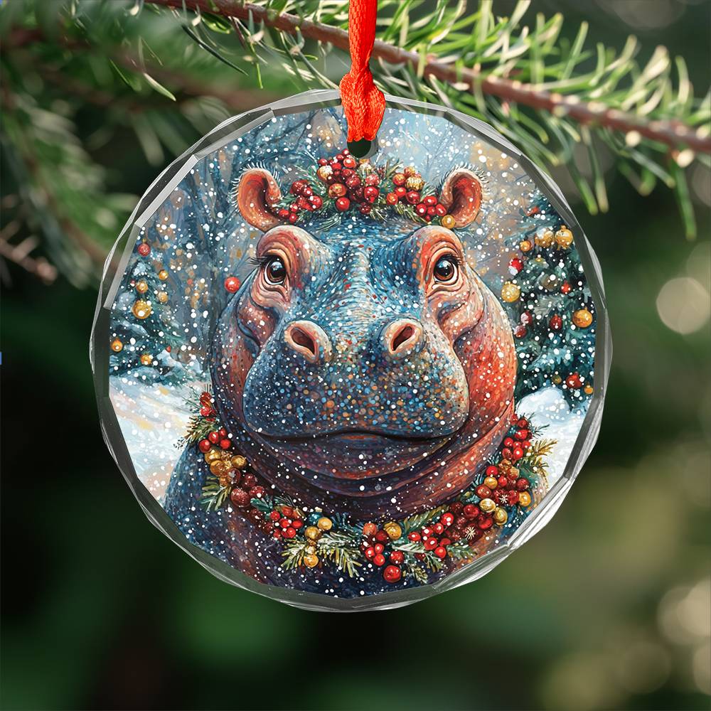 Beautiful Hippo Christmas Night Design 1 Glass Ornament
