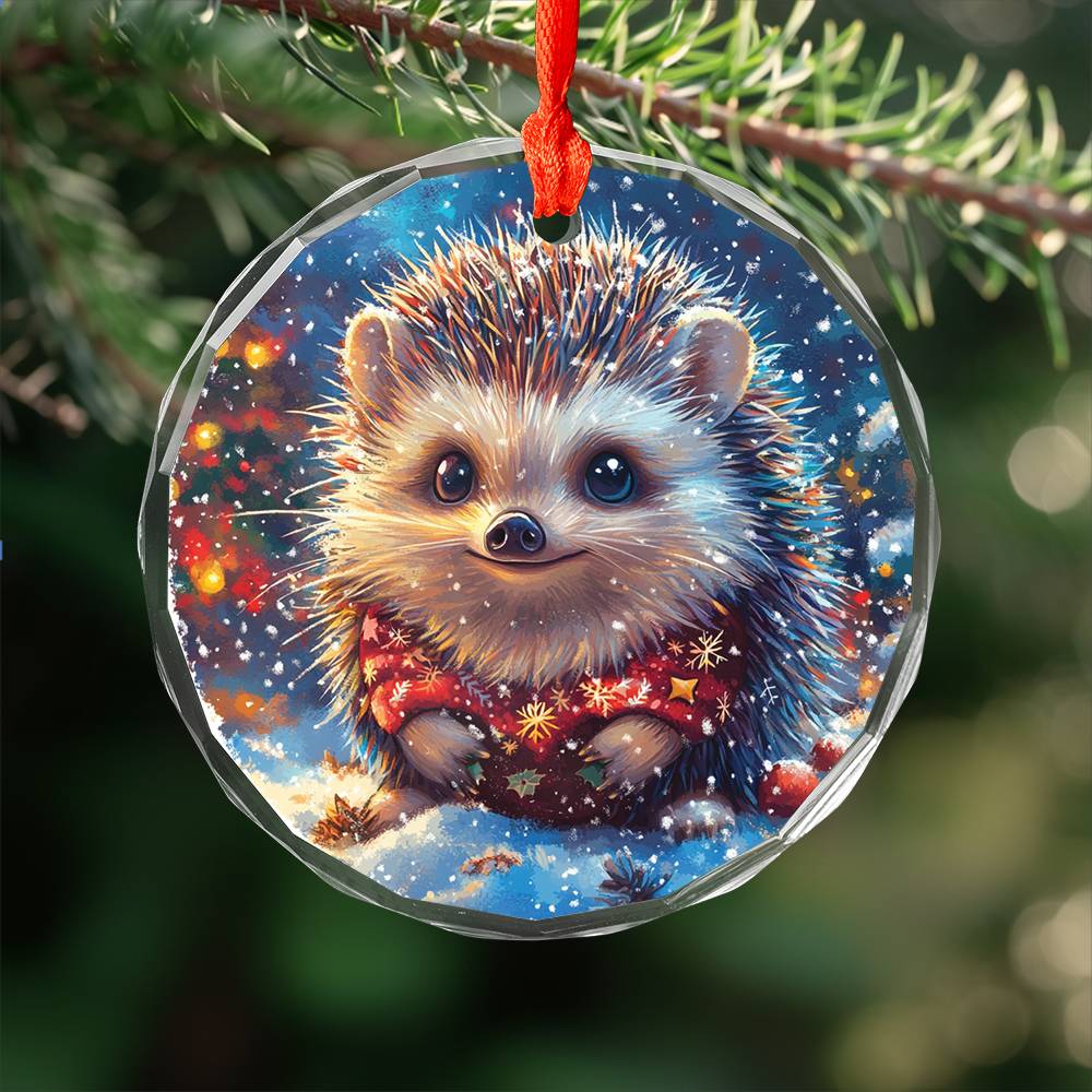 Beautiful Angus Hedgehog Christmas Night Design 1 Glass Ornament