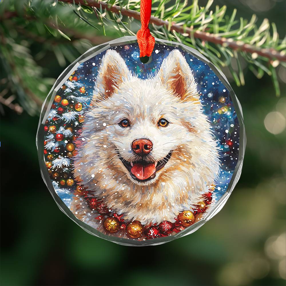 Beautiful Samoyed Dog Christmas Night Design 4 Glass Ornament