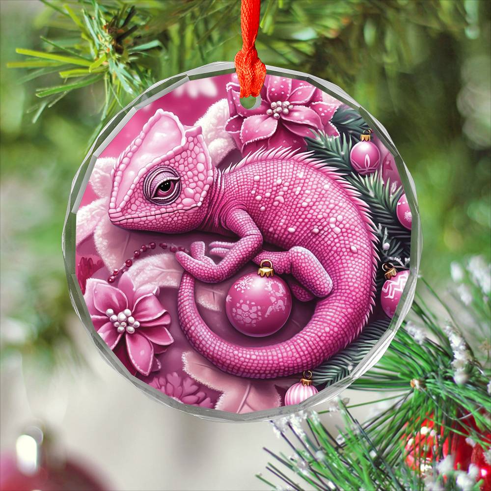 Chameleon Pink Christmas Design 2 Glass Ornament
