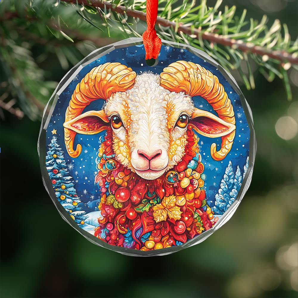 Beautiful Sheep Christmas Night Design 1 Glass Ornament