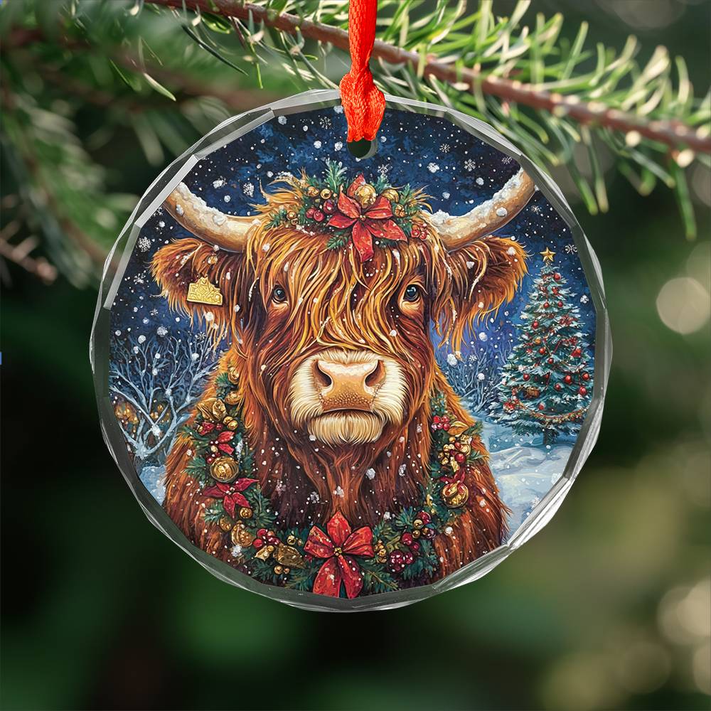 Beautiful Highland Cow Christmas Night Design 1 Glass Ornament