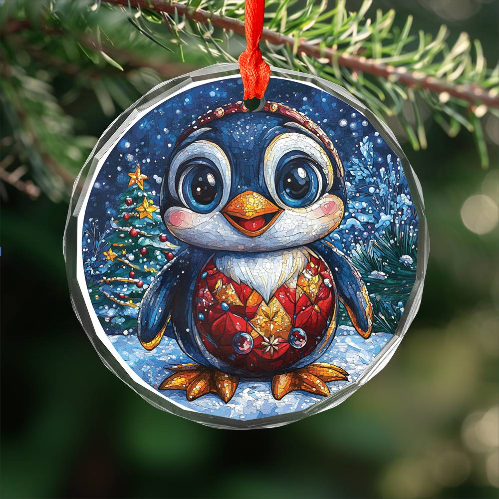 Beautiful Angus Penguin Christmas Night Design 2 Glass Ornament