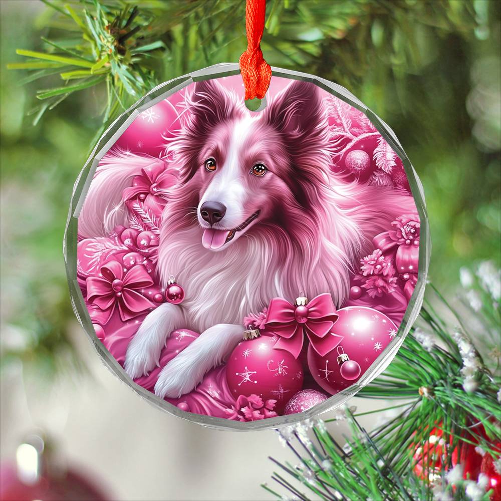 Collie Dog Pink Christmas Design 3 Glass Ornament