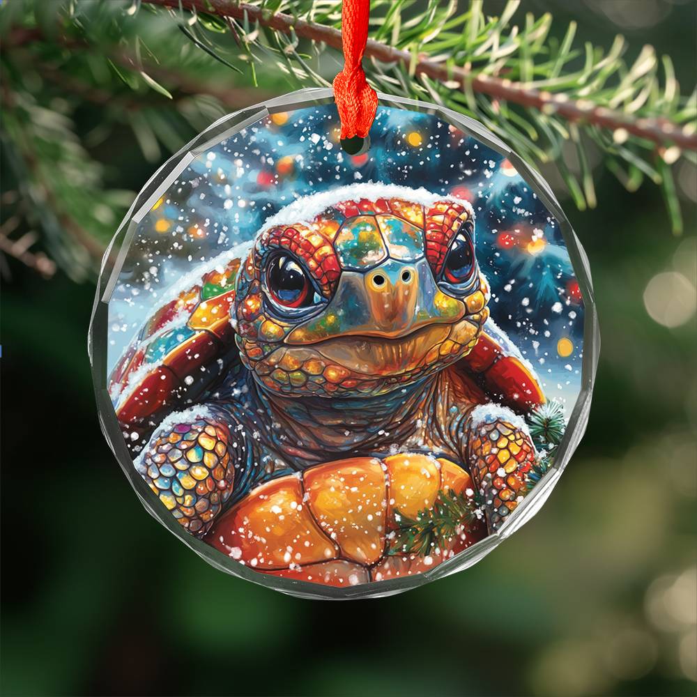 Beautiful Tortoise Christmas Night Design 2 Glass Ornament