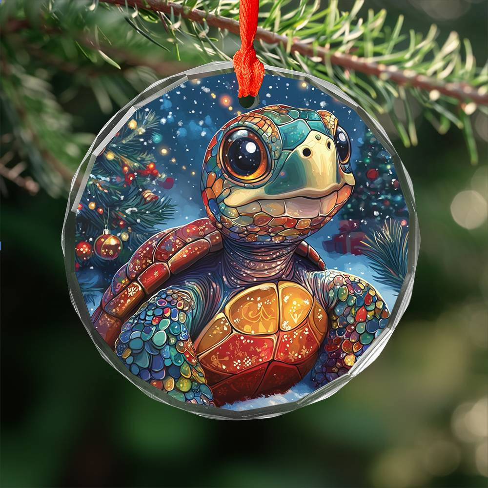 Beautiful Angus Turtle Christmas Night Design 2 Glass Ornament