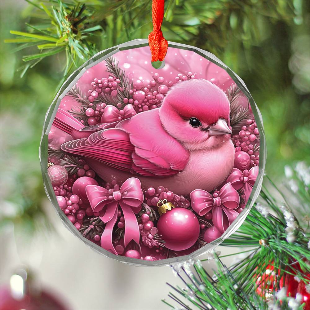 Finch Pink Christmas Design 1 Glass Ornament