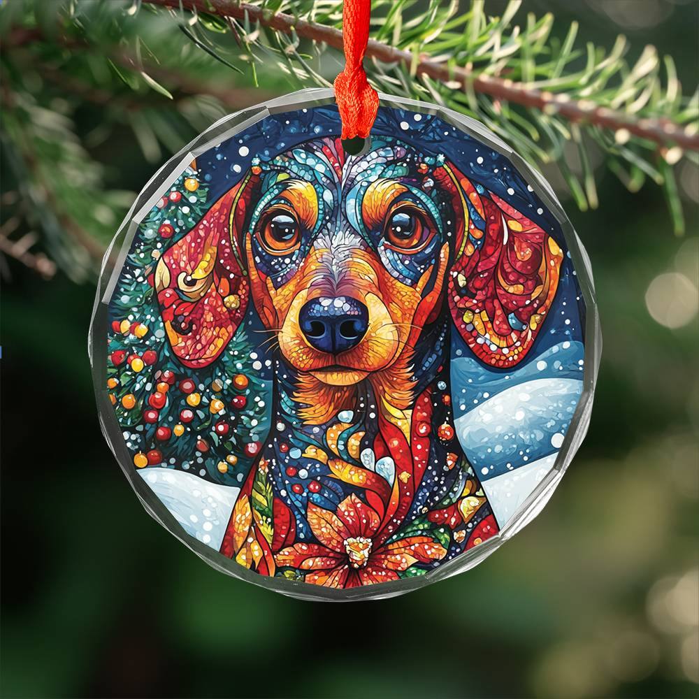 Beautiful Angus Dachshund Dog Christmas Night Design 1 Glass Ornament