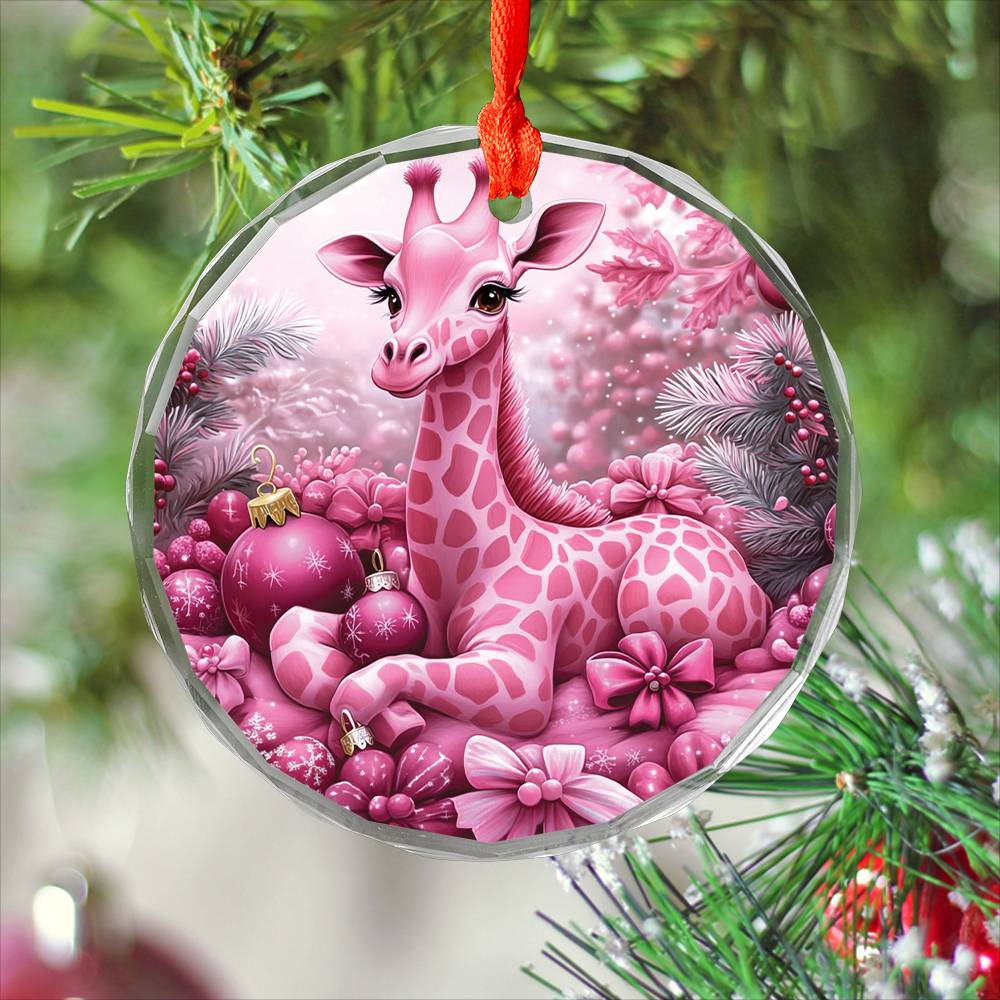 Giraffe Pink Christmas Design 4 Glass Ornament