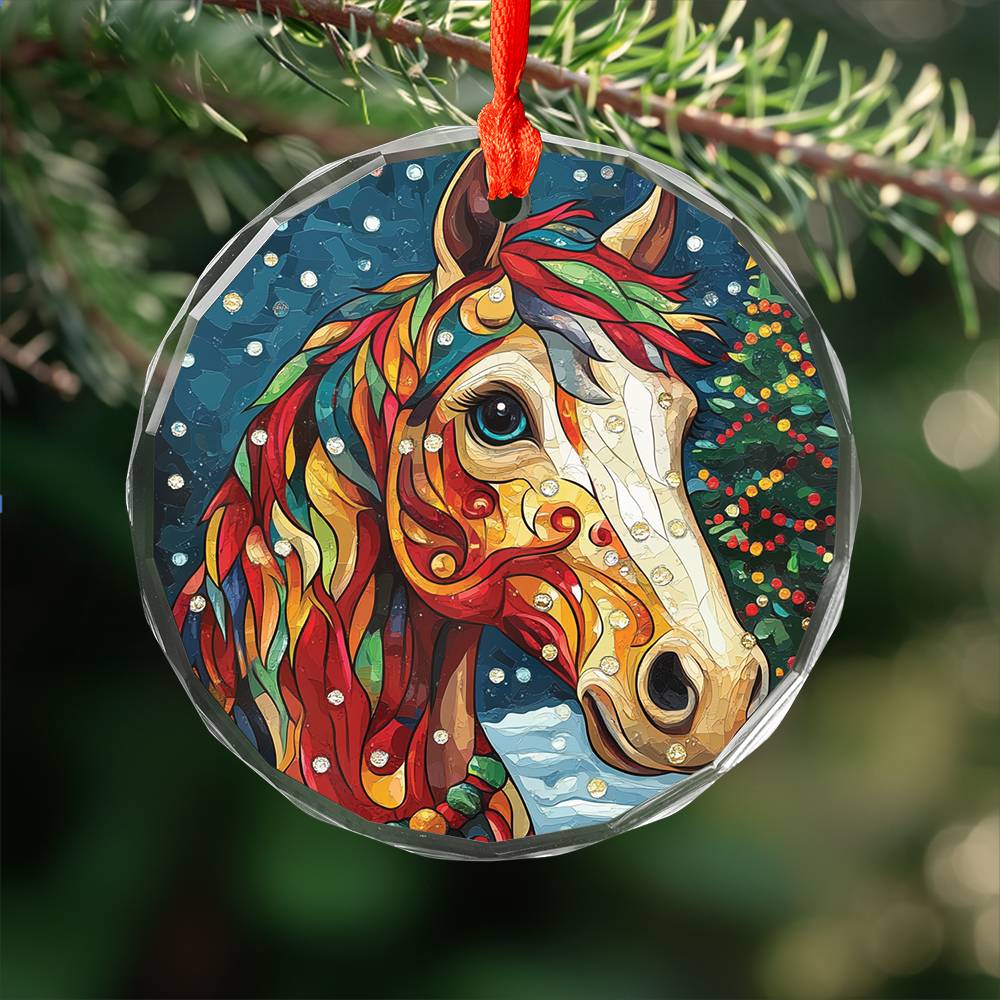 Beautiful Horse Christmas Night Design 1 Glass Ornament
