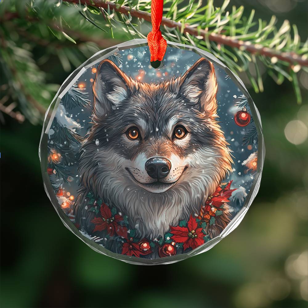 Beautiful Angus Wolf Christmas Night Design 1 Glass Ornament