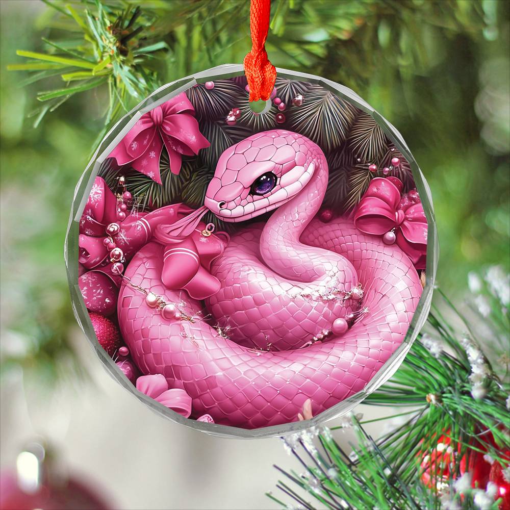 Snake Pink Christmas Design 2 Glass Ornament