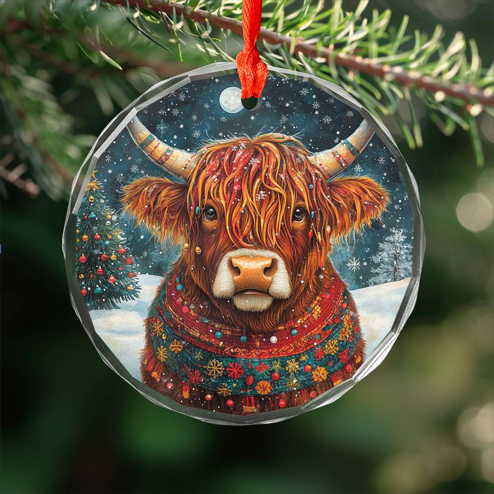 Beautiful Highland Cow Christmas Night Design 3 Glass Ornament