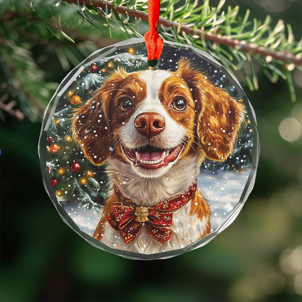 Beautiful Brittany Dog Christmas Night Design 3 Glass Ornament