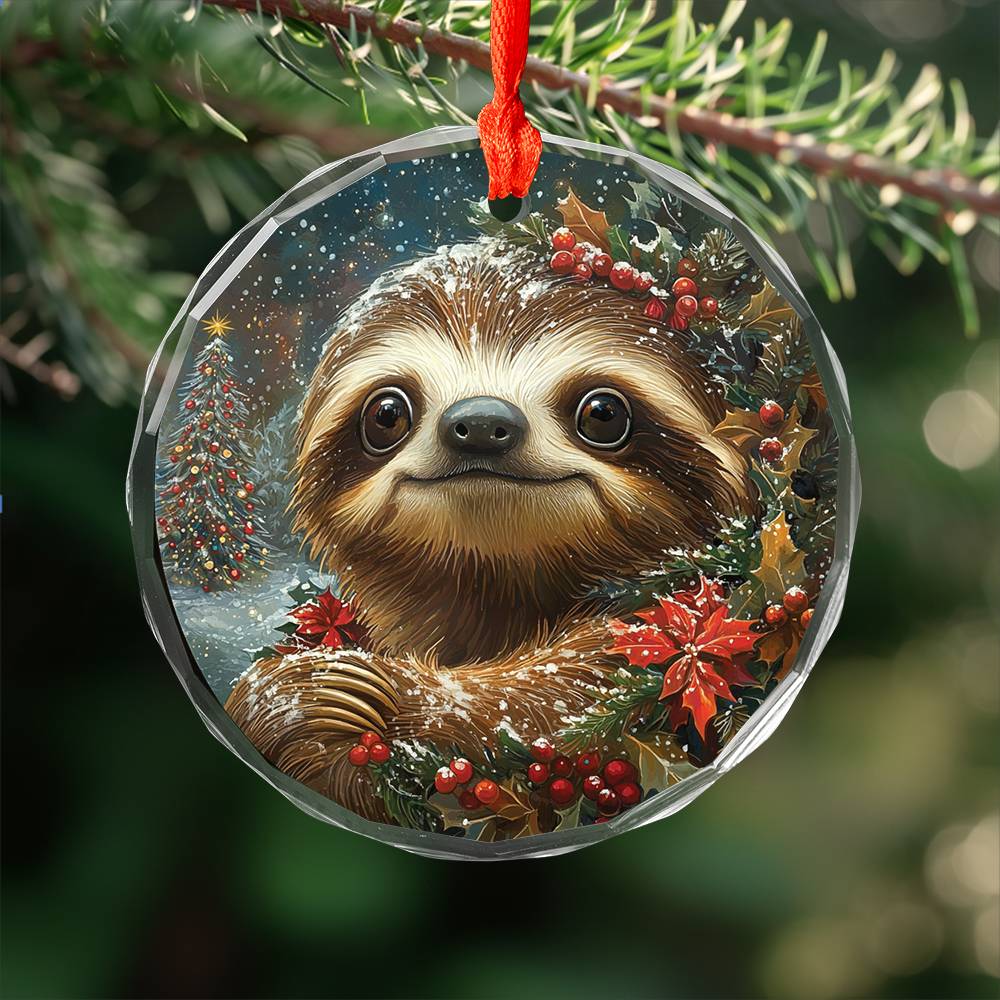 Beautiful Angus Sloth Christmas Night Design 3 Glass Ornament