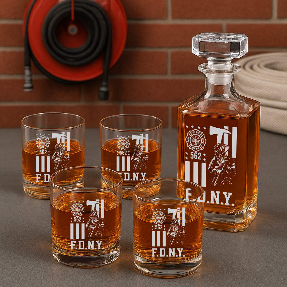 Personalized Gift For Firefighter Thin Red Line Decanter Set, Gift For Fireman, First Responder Gift TNN054