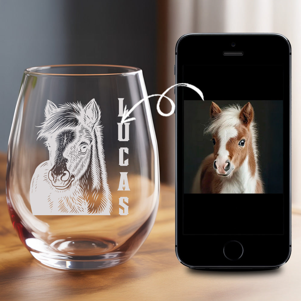 Custom Photo Horse Stemless Wine Glass | Personalized Pet Photo Stemless Wine Glass | Gift For Pet Owners TNNGL52