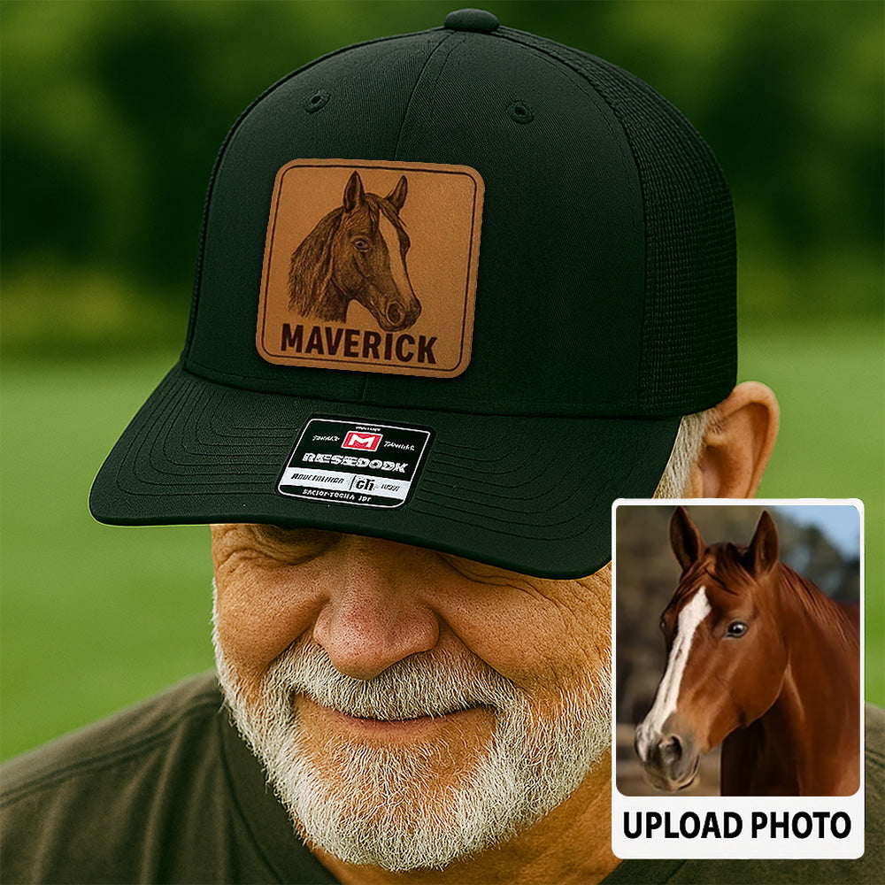 Custom Pet Photo Trucker Hat – Personalized Leather Patch Hat – Horse Lovers Gift – Custom Animals Hat NGOC99A11