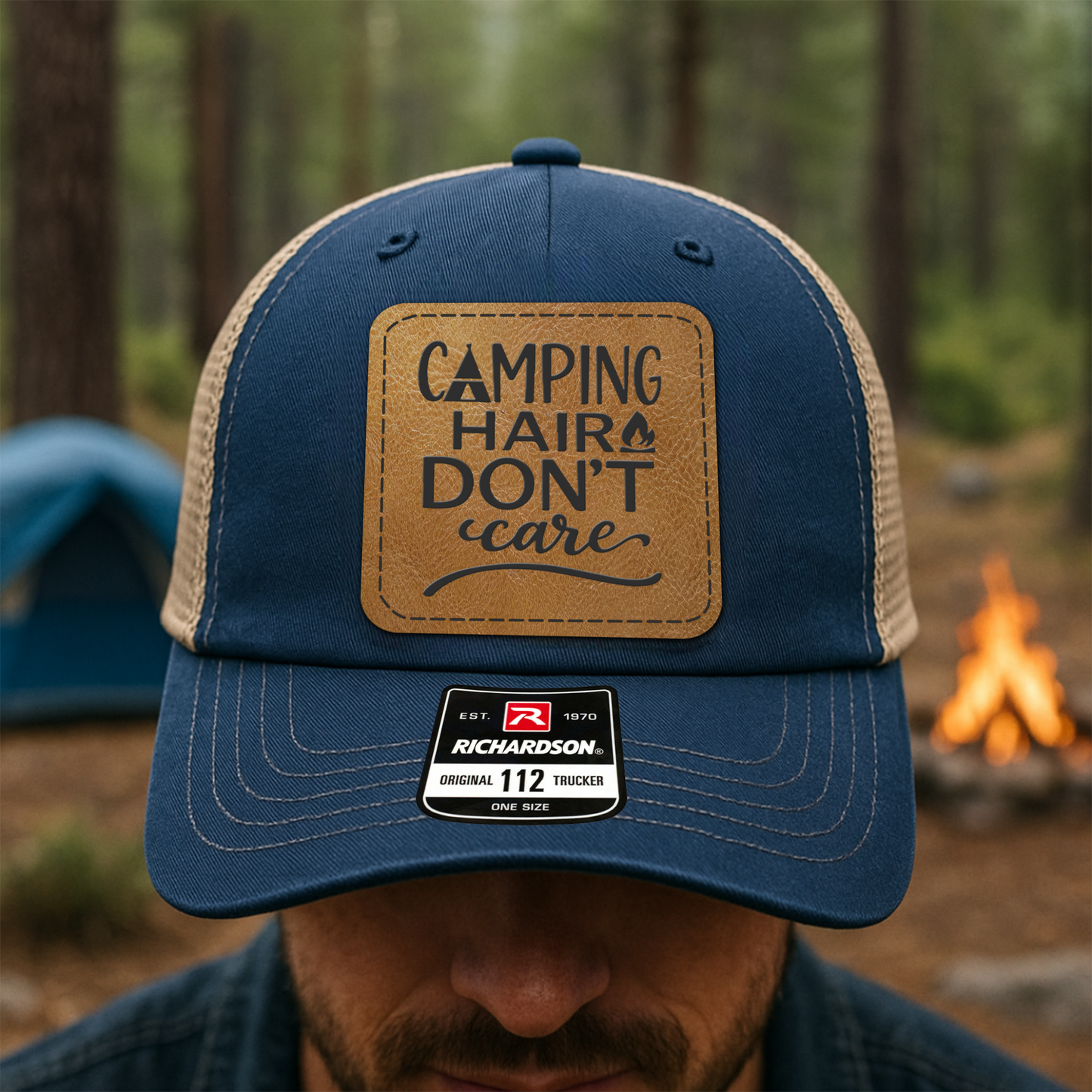 Custom Camping Trucker Hat – “Camping Hair Don’t Care” Funny Richardson 112 Outdoor Cap VHA163