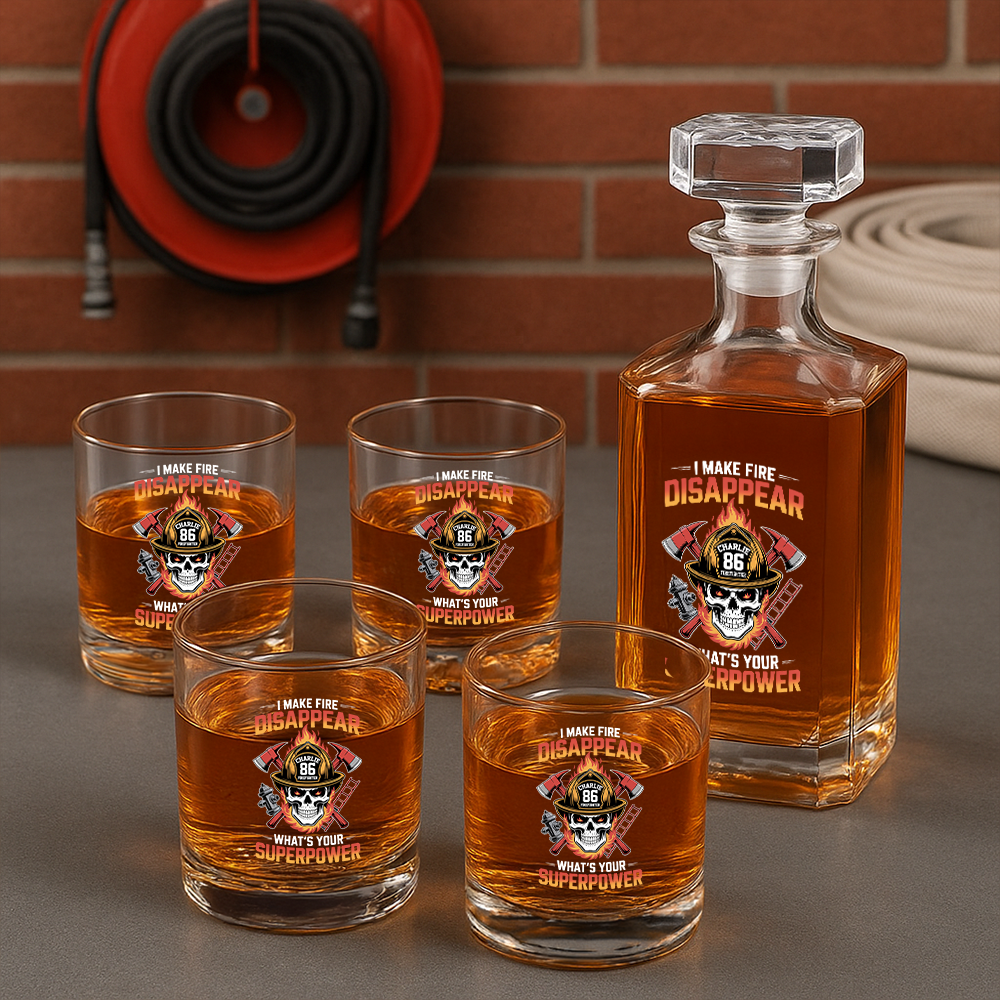 Personalized I Make Fire Disappear What's Your Superpower Decanter, Gift For Fireman Decanter With Whiskey Glasses Set, First Responder Gift TNN024