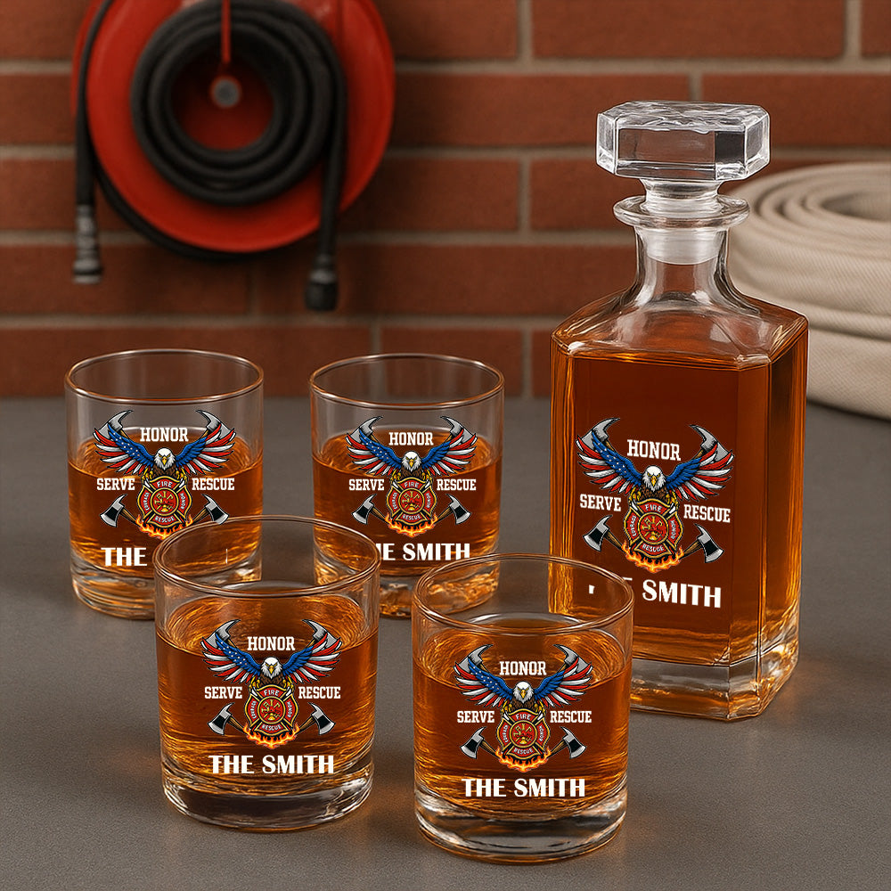 Personalized Honor Serve Rescue American Eagle Firefighter Decanter Set, Gift For Fireman, First Responder Gift TNN041
