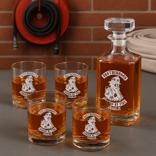 Personalized Decanter Set Brotherhood Forged By Fire, Gift For Fireman Decanter With Whiskey Glasses Set, First Responder Gift TNN023