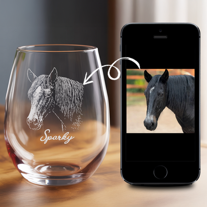 Custom Photo Horse Stemless Wine Glass | Personalized Horse Photo Stemless Wine Glass | Horse Lover Gift TNNGL16