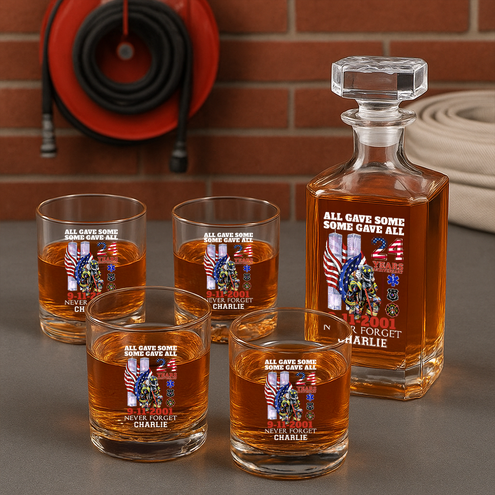 Personalized 24 Year Anniversary Patriot Day 9-11-2001 Never Forget Decanter Set, Gift For Fireman, First Responder Gift TNN045