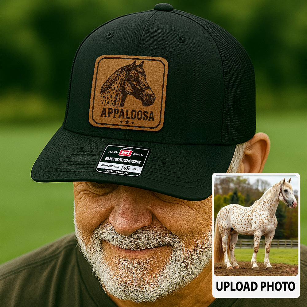 Personalized Horse Photo Leather Patch Hat | Custom Pet Photo Trucker Hat | Horse Farm Lovers Gift THUC99P14