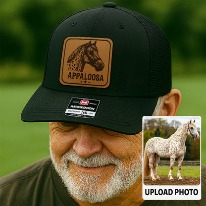 Personalized Horse Photo Leather Patch Hat | Custom Pet Photo Trucker Hat | Horse Farm Lovers Gift THUC99P14