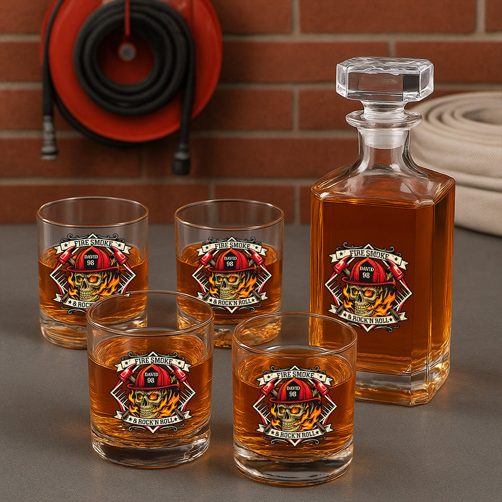 Personalized Fire Smoke & Rock n Roll Decanter, Gift For Fireman Decanter With Whiskey Glasses Set, First Responder Gift TNN025