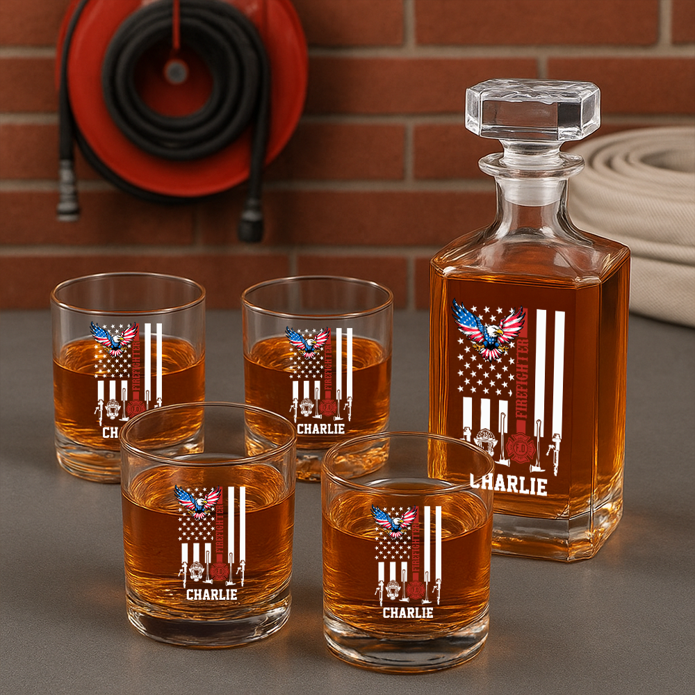 Personalized The Thin Red Line American Eagle Firefighter Decanter Set, Gift For Fireman, First Responder Gift TNN039