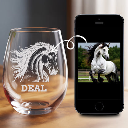 Custom Photo Horse Stemless Wine Glass | Personalized Pet Photo Stemless Wine Glass | Gift For Pet Owners TNNGL50