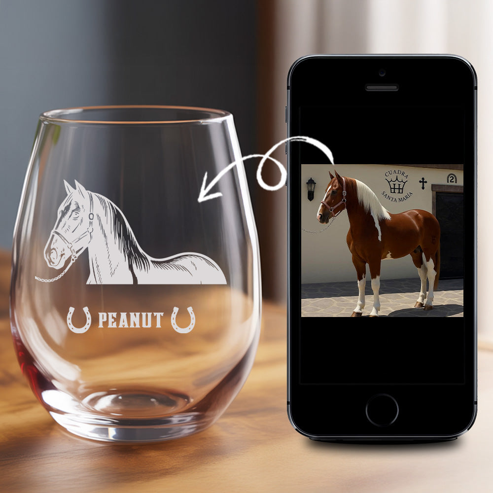 Custom Photo Horse Stemless Wine Glass | Personalized Pet Photo Stemless Wine Glass | Gift For Pet Owners TNNGL51