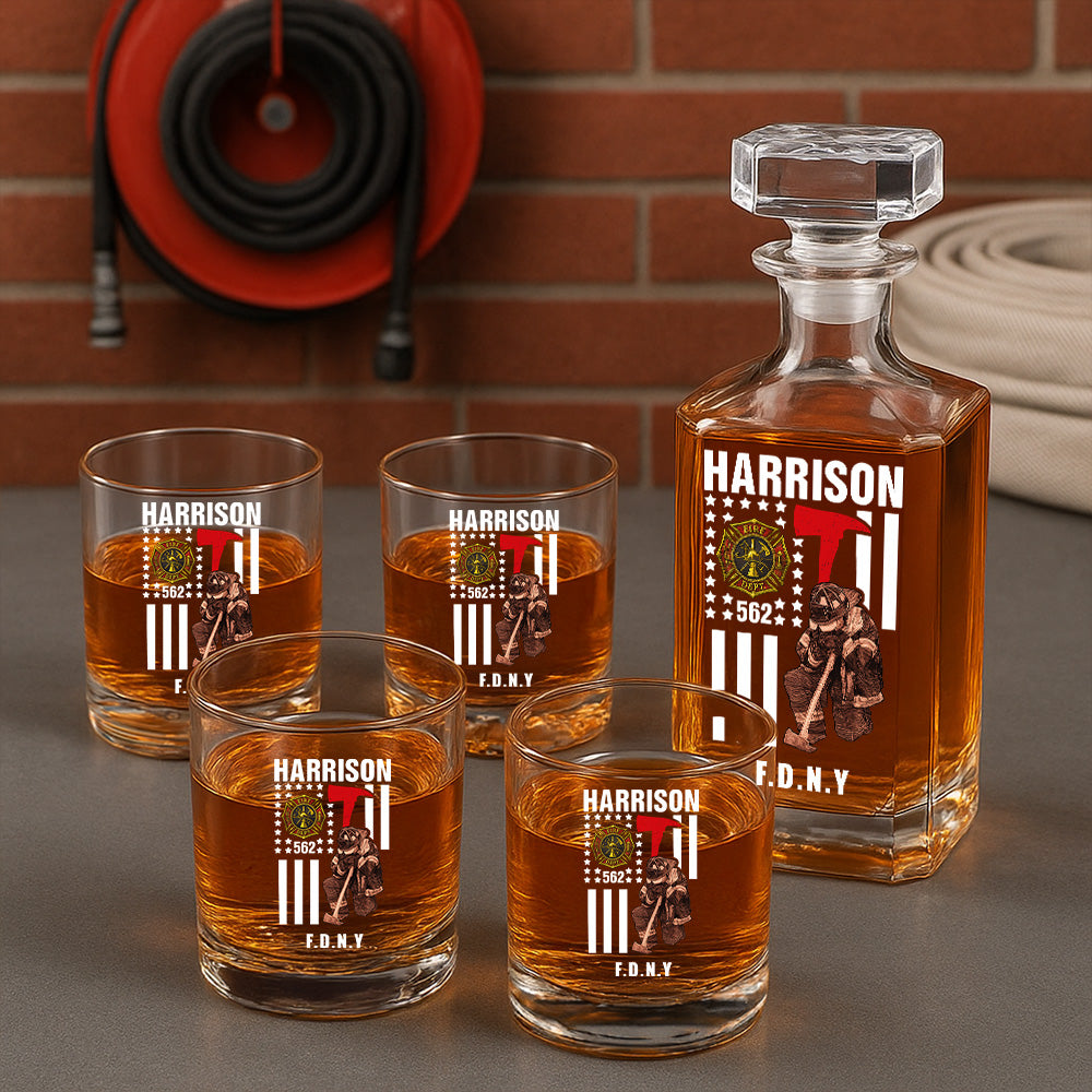 Personalized Gift For Firefighter Thin Red Line Decanter Set, Gift For Fireman, First Responder Gift TNN053