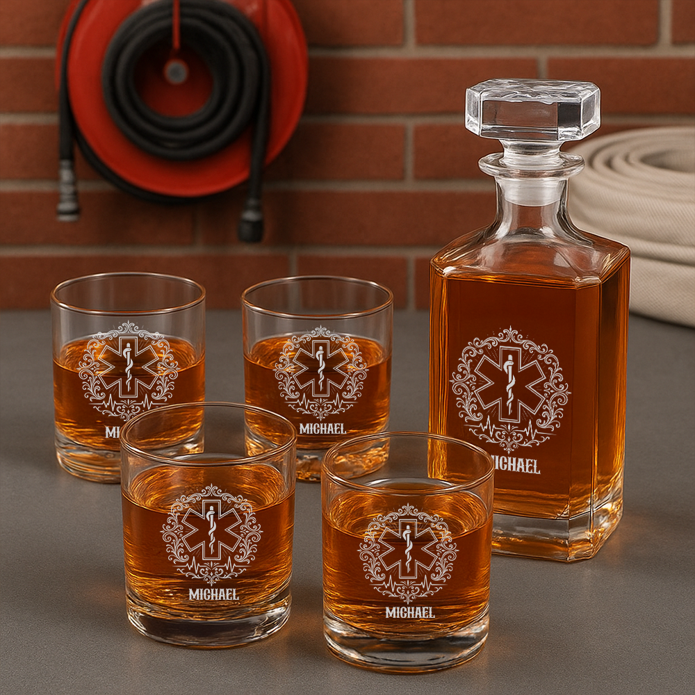 Personalized Firefighter Decanter With Whiskey Glasses Set, First Responder Gift, Firefighter Maltese Cross Decanter, Fireman Gift TNN018