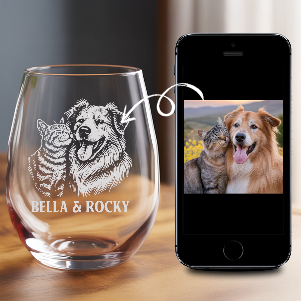 Custom Photo Dog & Cat Stemless Wine Glass | Personalized Pet Photo Stemless Wine Glass | Pet Lover Gift TNNGL15
