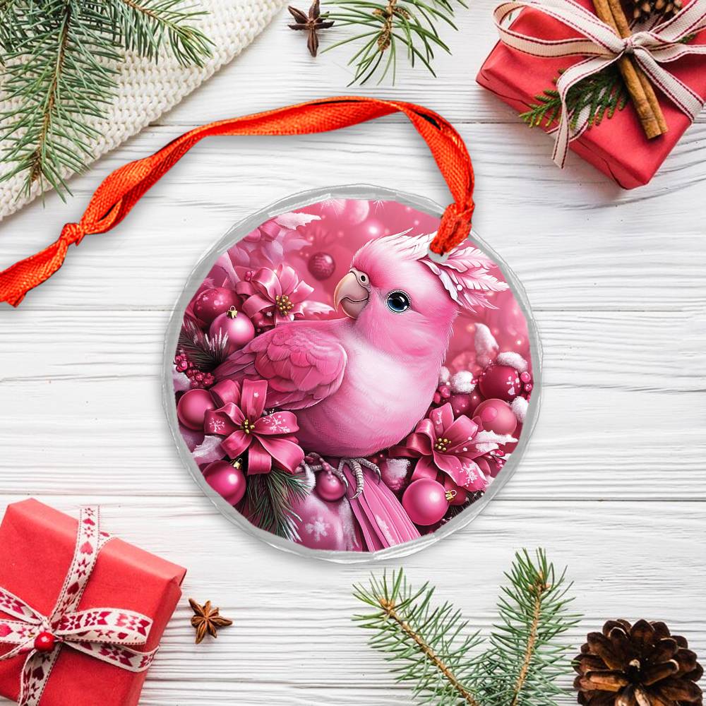 Parrot Pink Christmas Design 1 Glass Ornament