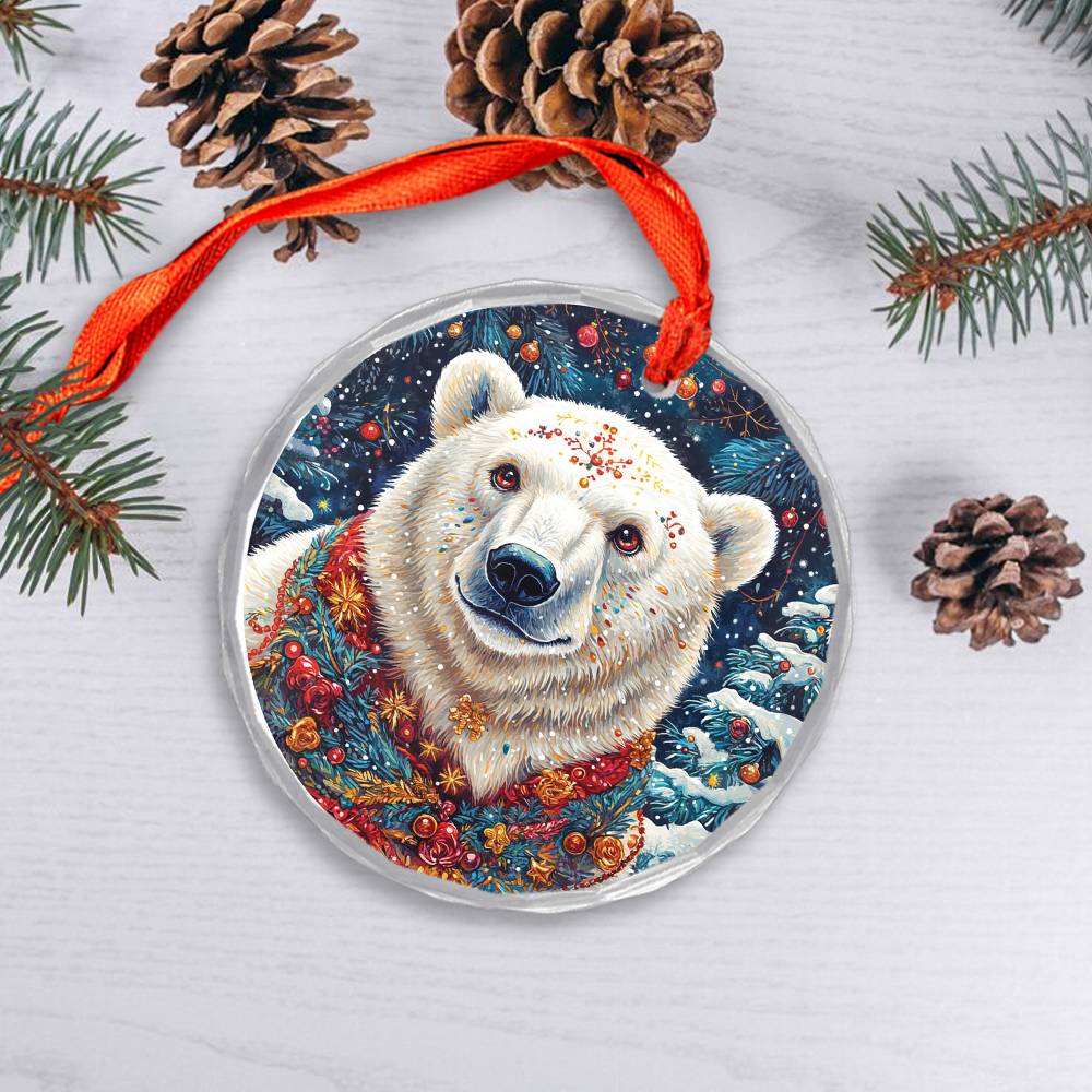 Beautiful Angus Polar Bear Christmas Night Design 2 Glass Ornament